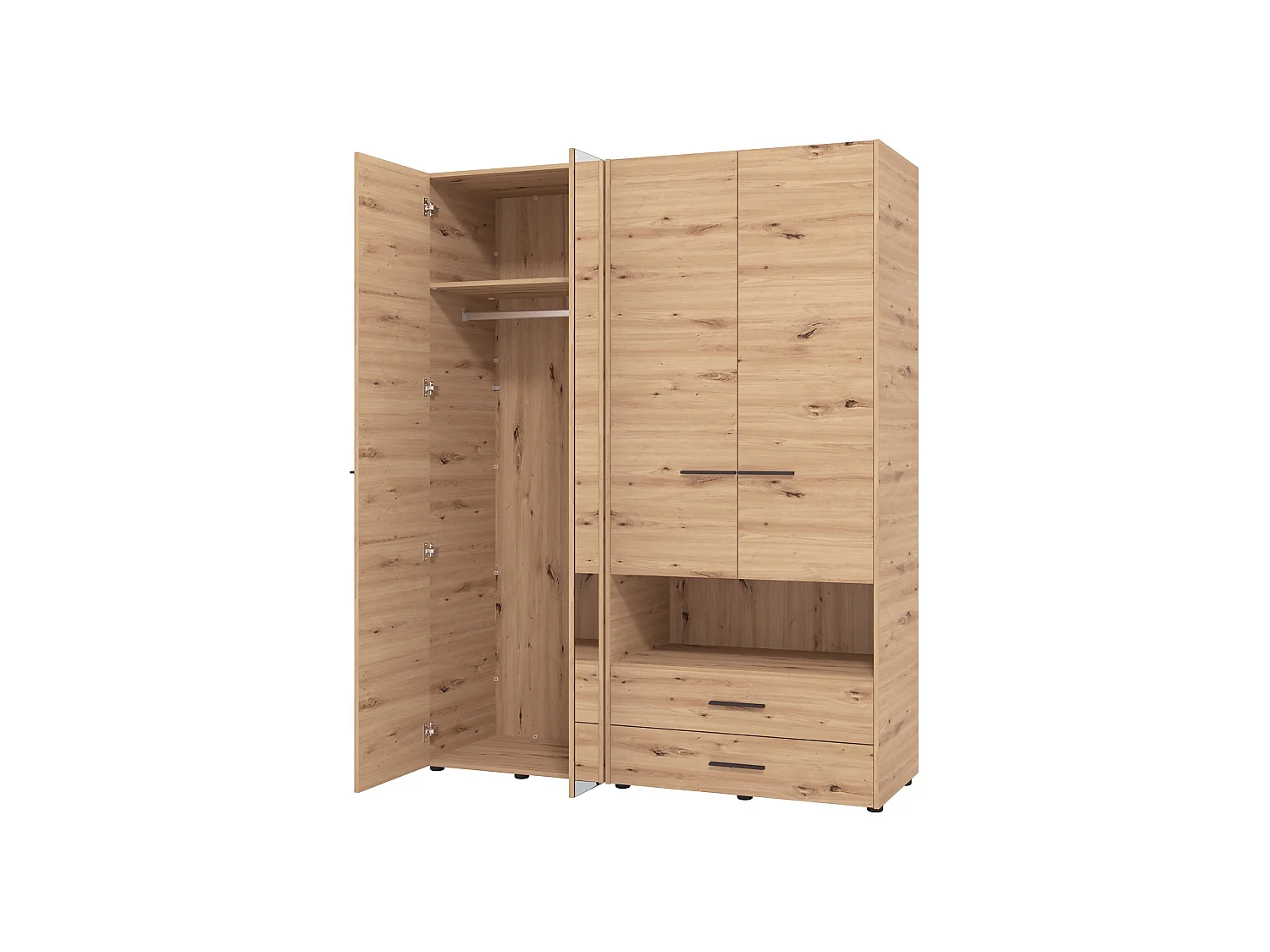 Großer Kleiderschrank Teana, 5 Regale, 161x206h cm Eiche Braun Knoten, Schlafzimmer Schrank, 3 Schubladen, Kleiderstange