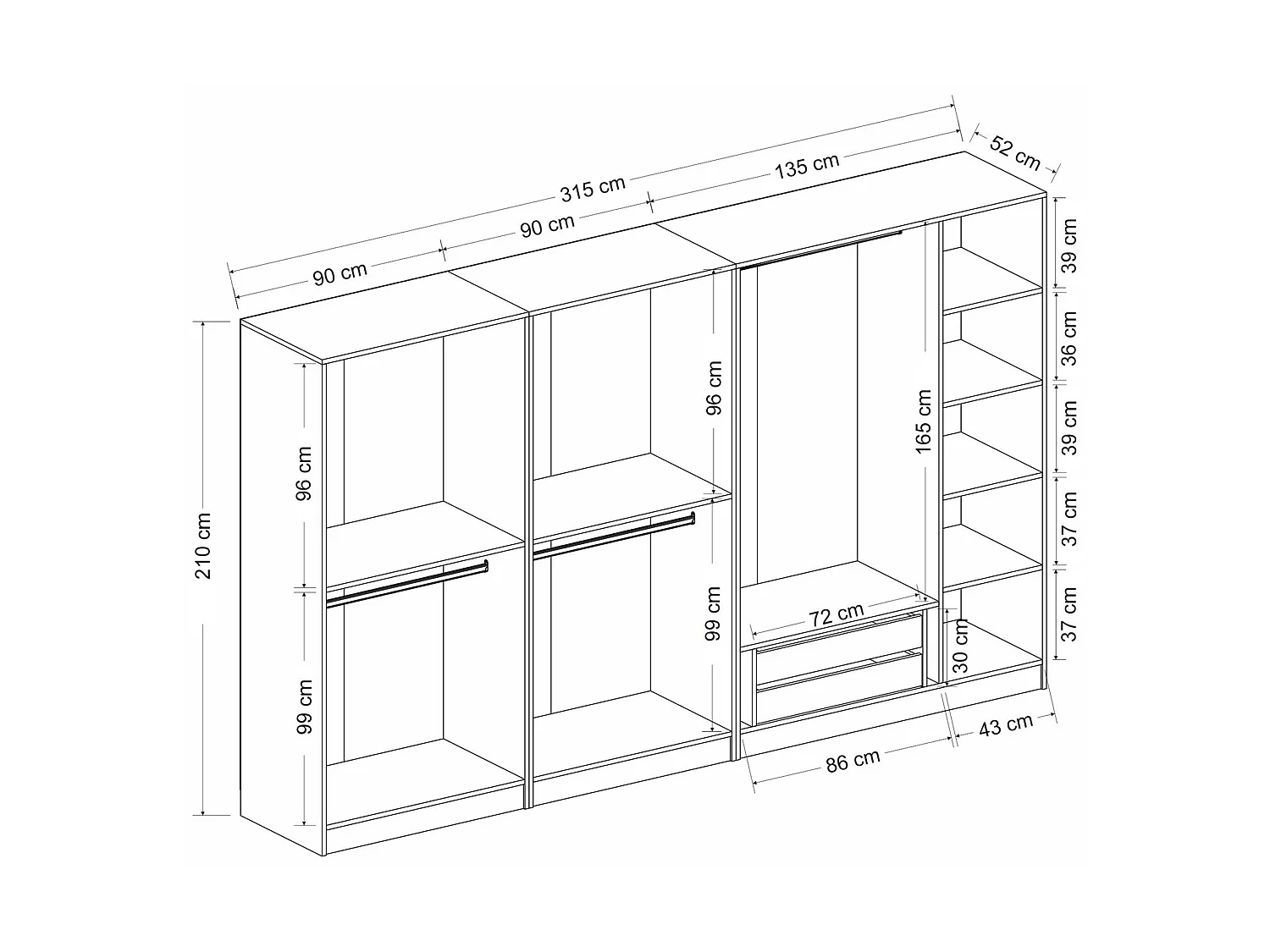 Guardaroba Grande Prunetto, Appendiabiti, 315x210h cm Nero Antracite, Armadio Camera da Letto, 7 Ripiani, 7 Ante