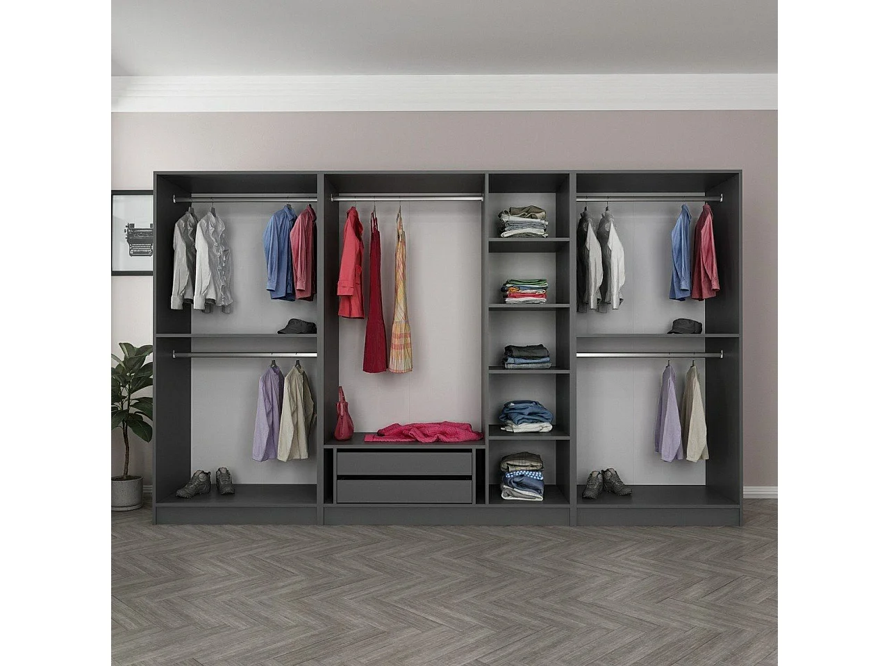 Guardaroba Grande Prunetto, Appendiabiti, 315x210h cm Nero Antracite, Armadio Camera da Letto, 7 Ripiani, 7 Ante