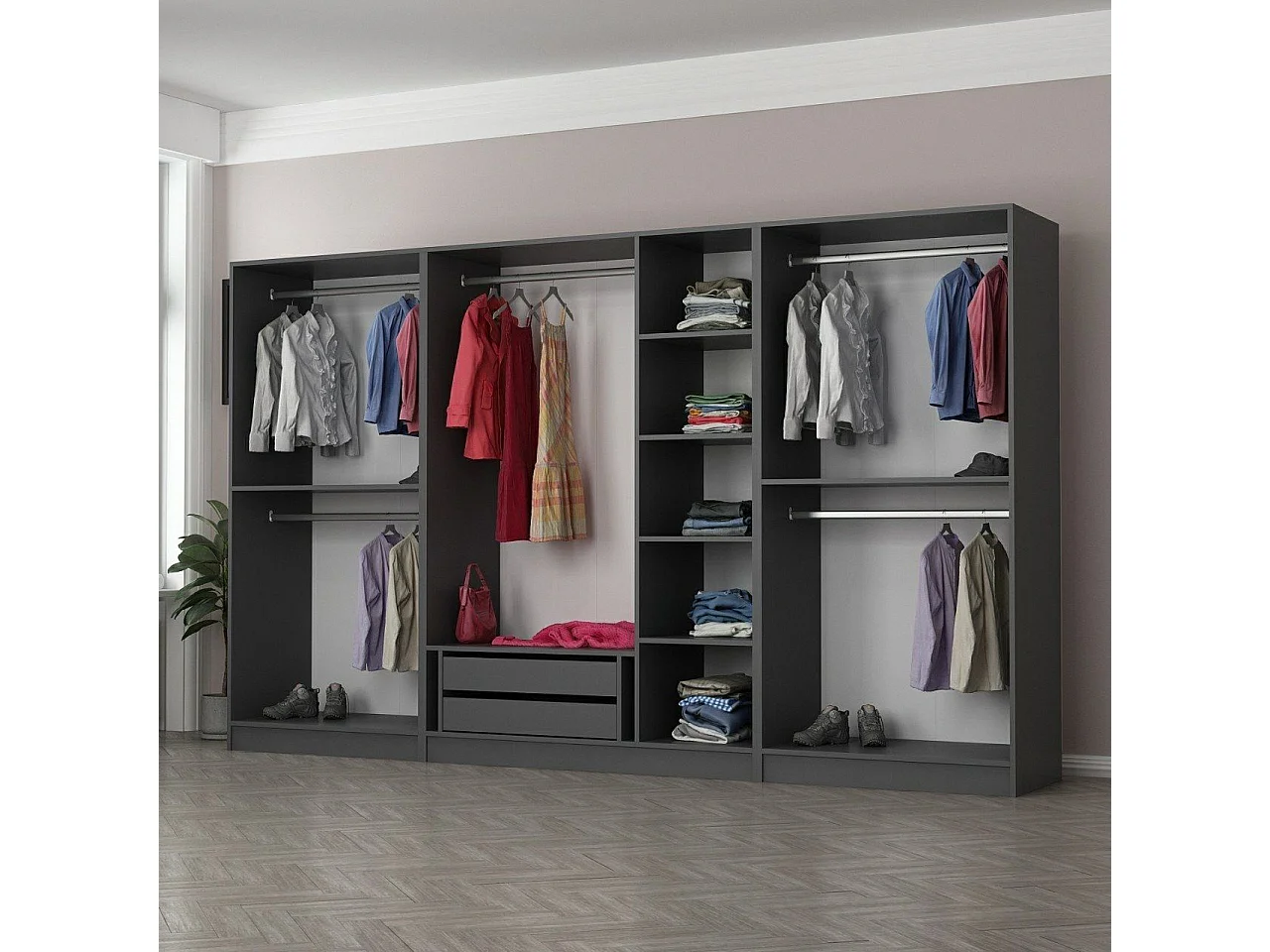 Guardaroba Grande Prunetto, Appendiabiti, 315x210h cm Nero Antracite, Armadio Camera da Letto, 7 Ripiani, 7 Ante