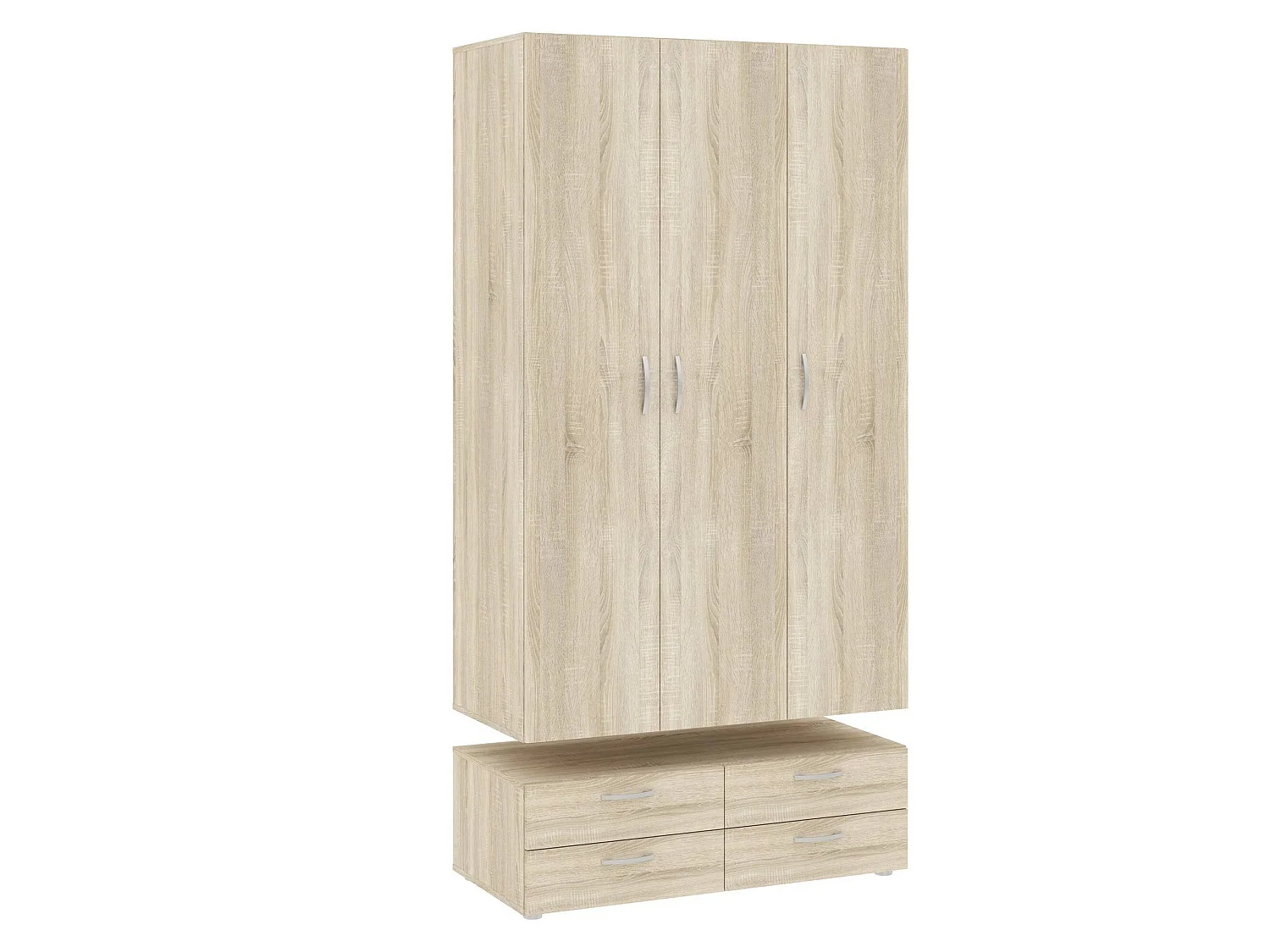 Kledingkast Randazzo met 3 deuren, 4 legplanken, 111x52 cm eikenbruin, slaapkamerkast, 4 laden, kledingroede