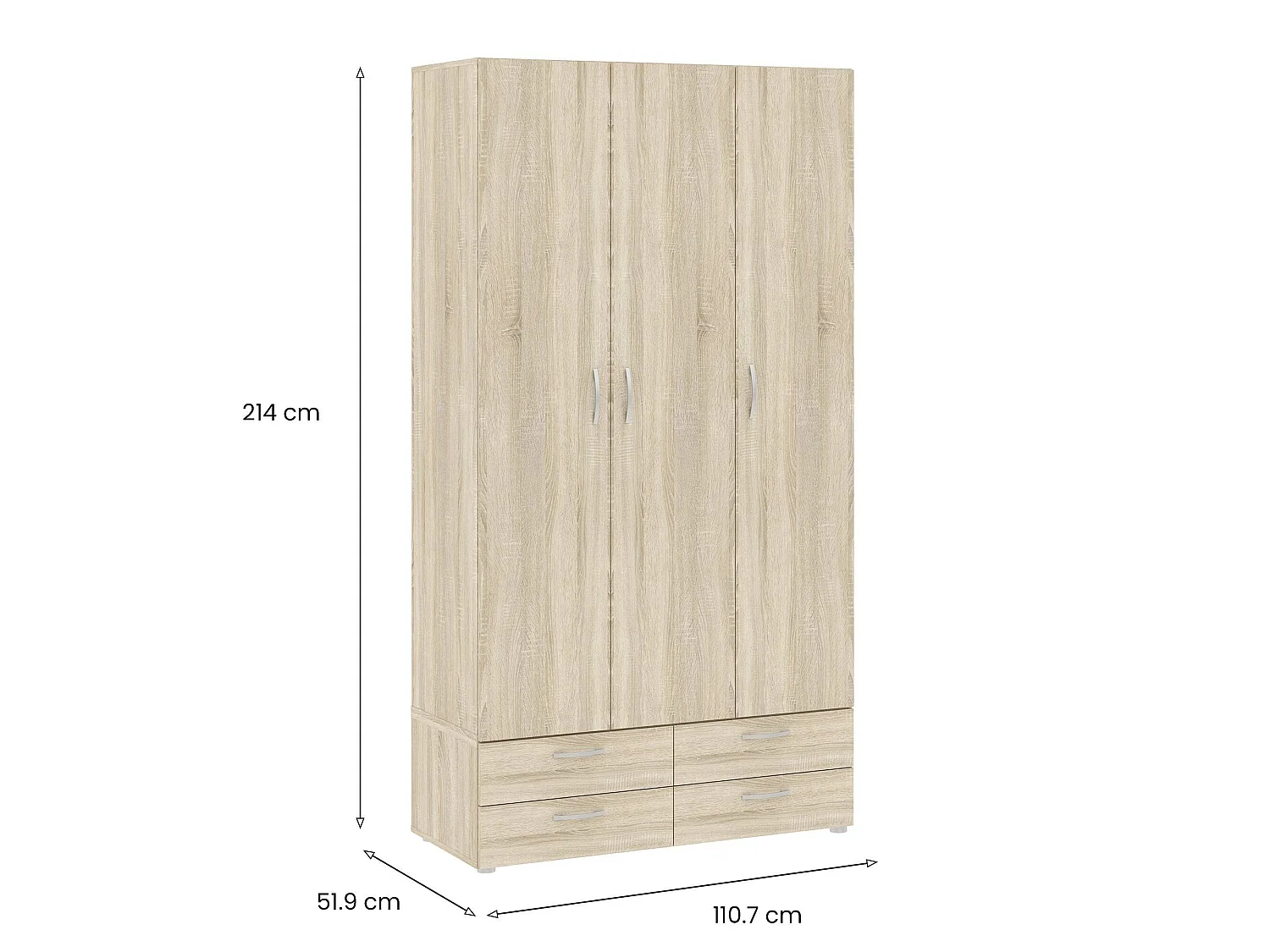 Kledingkast Randazzo met 3 deuren, 4 legplanken, 111x52 cm eikenbruin, slaapkamerkast, 4 laden, kledingroede