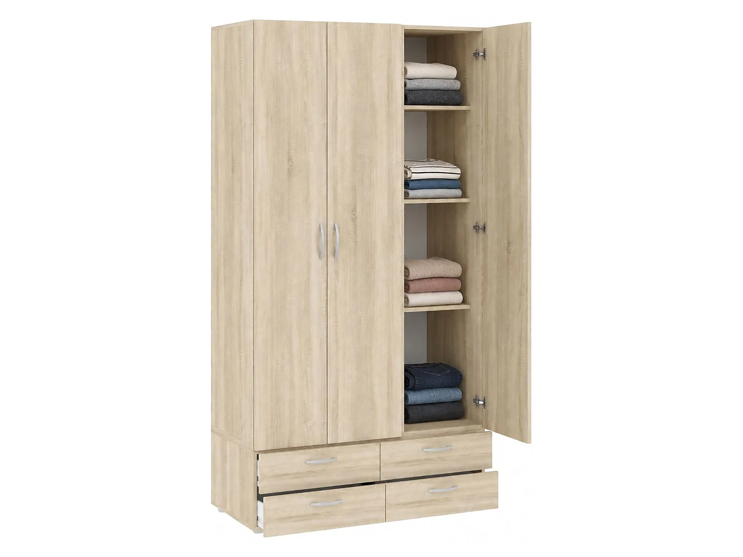 Kledingkast Randazzo met 3 deuren, 4 legplanken, 111x52 cm eikenbruin, slaapkamerkast, 4 laden, kledingroede