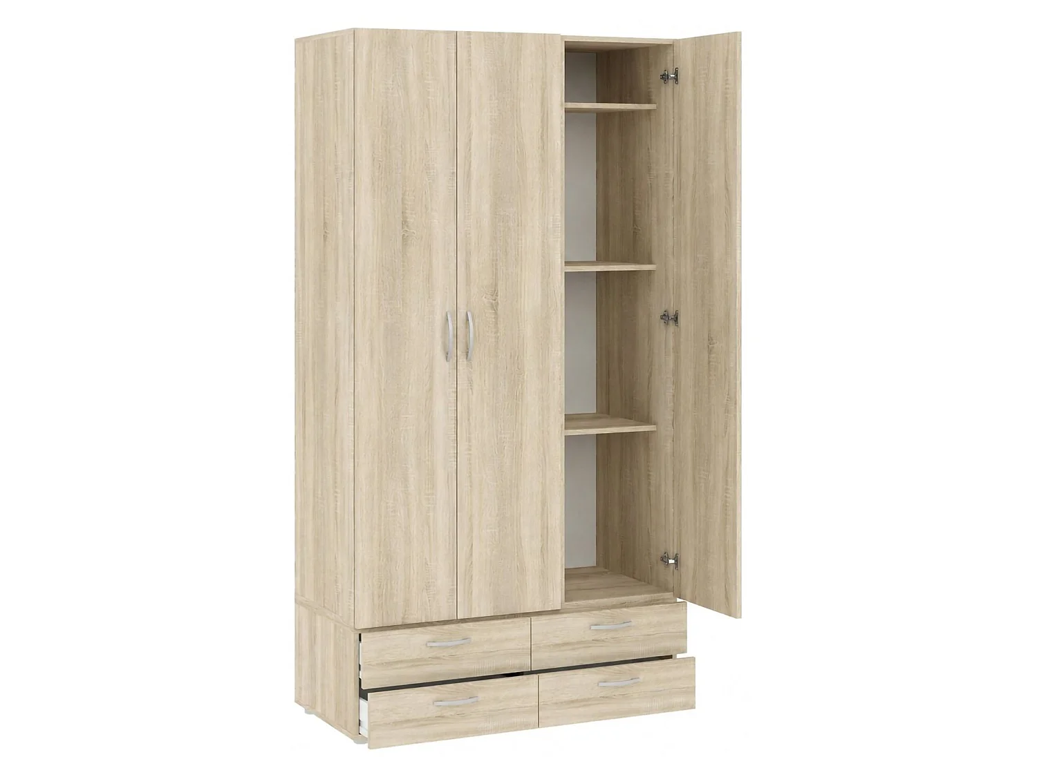 Kledingkast Randazzo met 3 deuren, 4 legplanken, 111x52 cm eikenbruin, slaapkamerkast, 4 laden, kledingroede