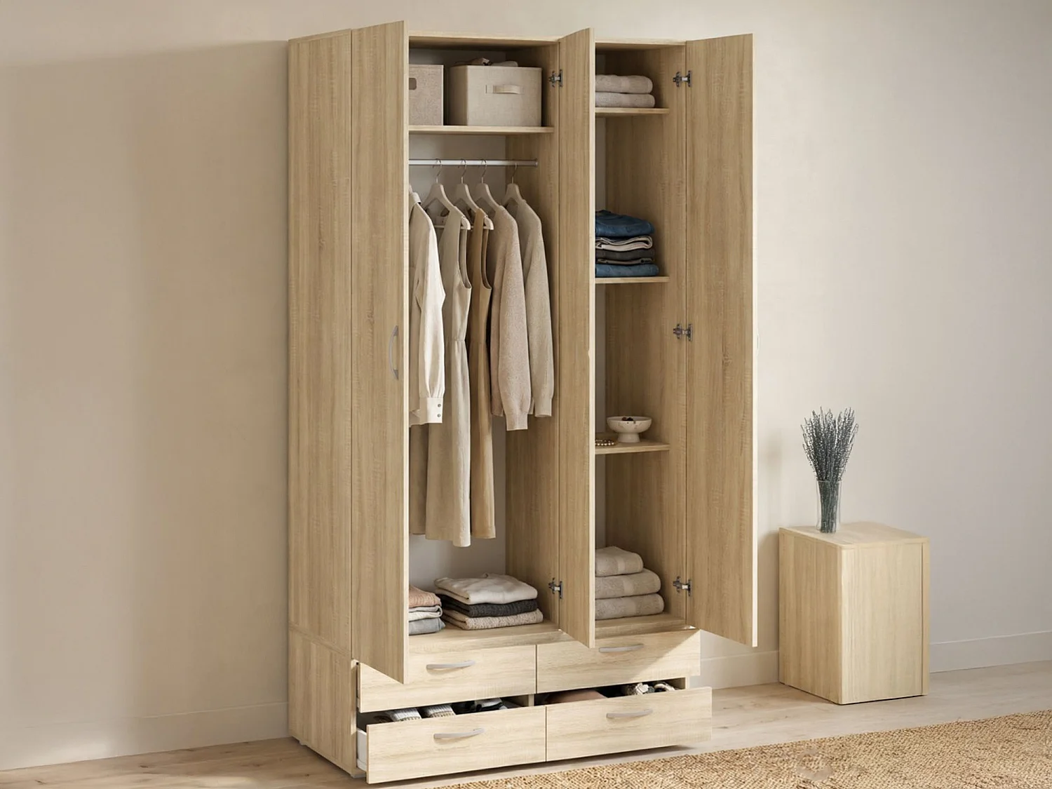 Kledingkast Randazzo met 3 deuren, 4 legplanken, 111x52 cm eikenbruin, slaapkamerkast, 4 laden, kledingroede