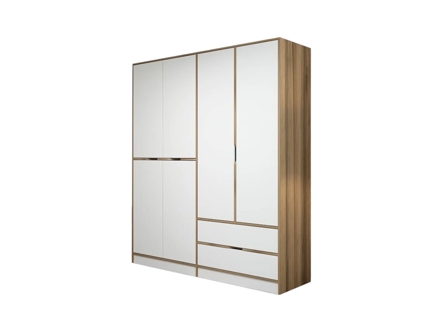 Guardaroba Grande Odalys, 5 Ripiani, 185x208h cm Bianco e Marrone noce\, Armadio Camera da Letto, Appendiabiti, 2 Cassetti