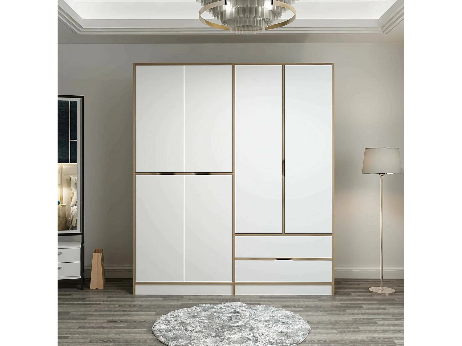 Guardaroba Grande Odalys, 5 Ripiani, 185x208h cm Bianco e Marrone noce\, Armadio Camera da Letto, Appendiabiti, 2 Cassetti
