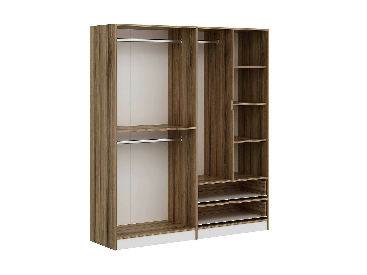 Guardaroba Grande Odalys, 5 Ripiani, 185x208h cm Bianco e Marrone noce\, Armadio Camera da Letto, Appendiabiti, 2 Cassetti