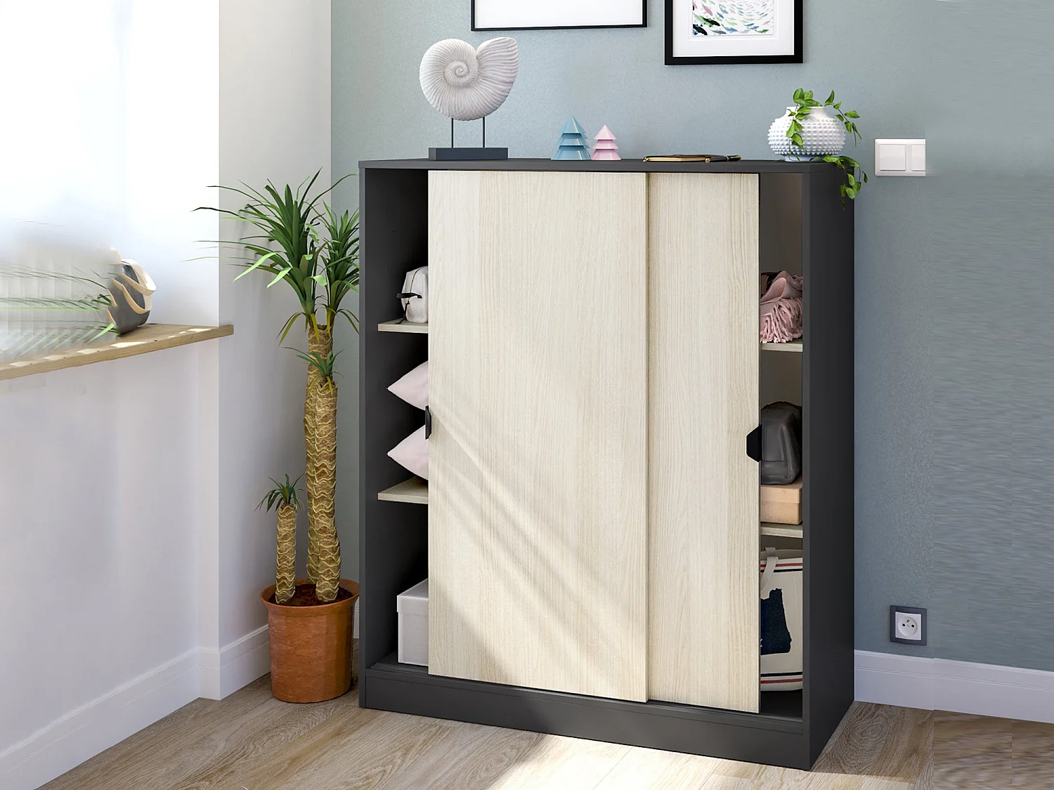 Tweepersoonskast Resana, 4 planken, 100x119 cm, Antraciet, Slaapkamerkast, 2 deuren, 6 vakken