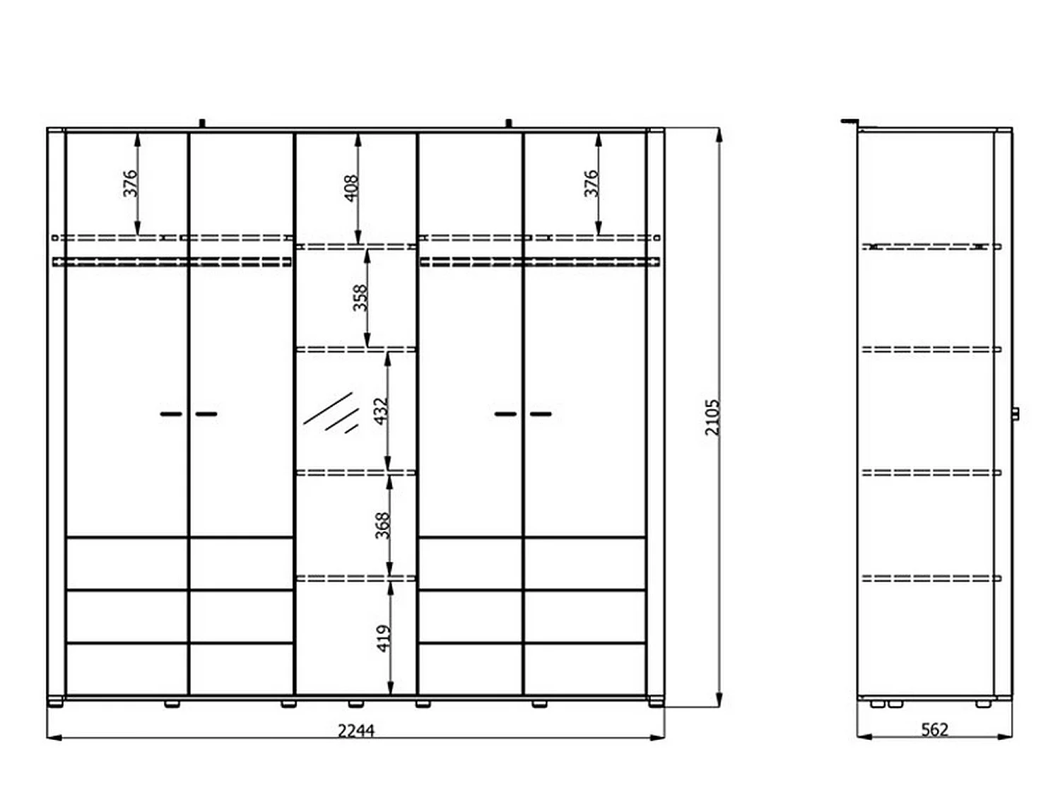 Großer Kleiderschrank Orsogna, 6 Böden, 225x211h cm Cremeweiß, Schlafzimmer-Schrank, Kleiderständer, 9 Fächer