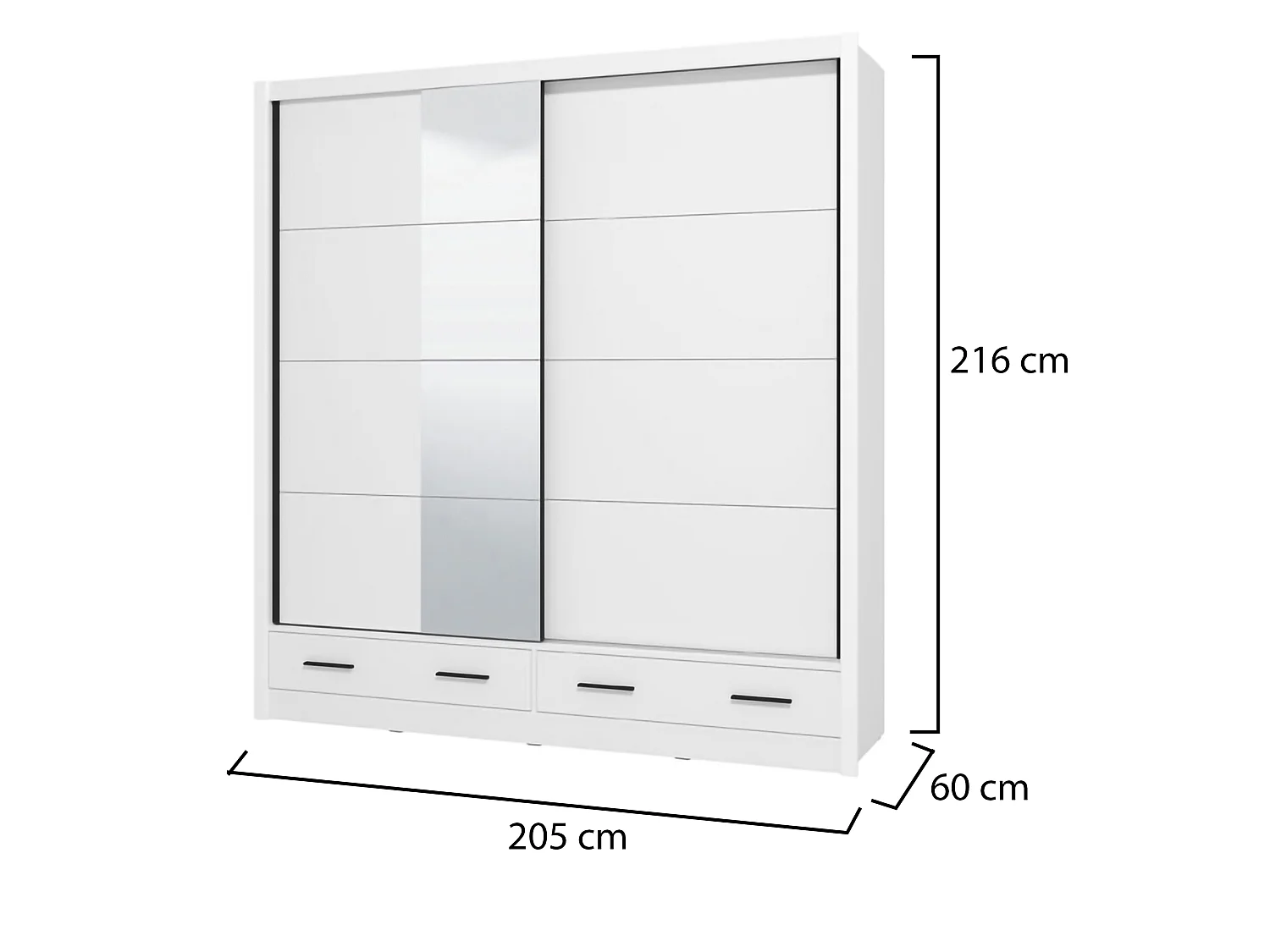 Garderobe 2 Türen Copala, 4 Ablagen, 205x216h cm Weiß Matt, Schlafzimmer Schrank, Kleiderstange, 2 Schubladen