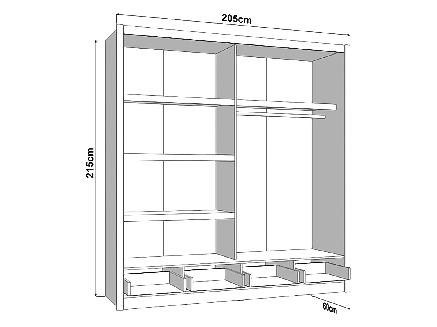 Garderobe 2 Türen Copala, 4 Ablagen, 205x216h cm Weiß Matt, Schlafzimmer Schrank, Kleiderstange, 2 Schubladen