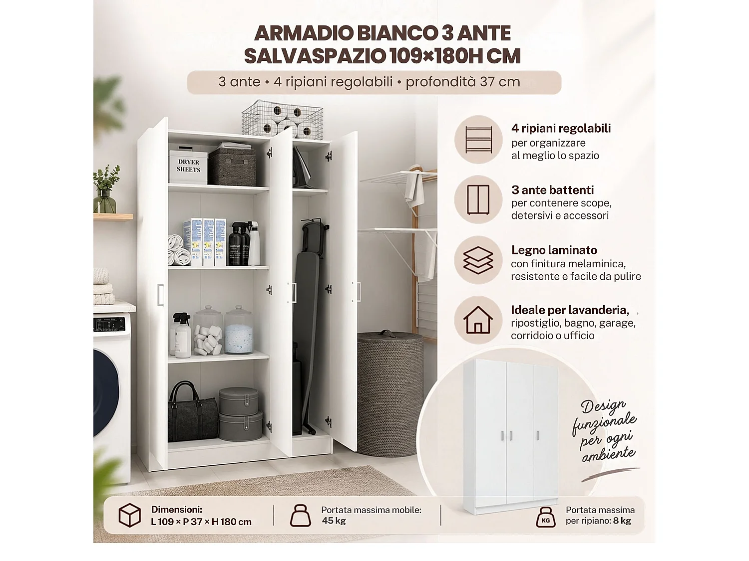 Grand Armoire Multiusage Vado, 4 Étagères, 34.6x180h cm Blanc