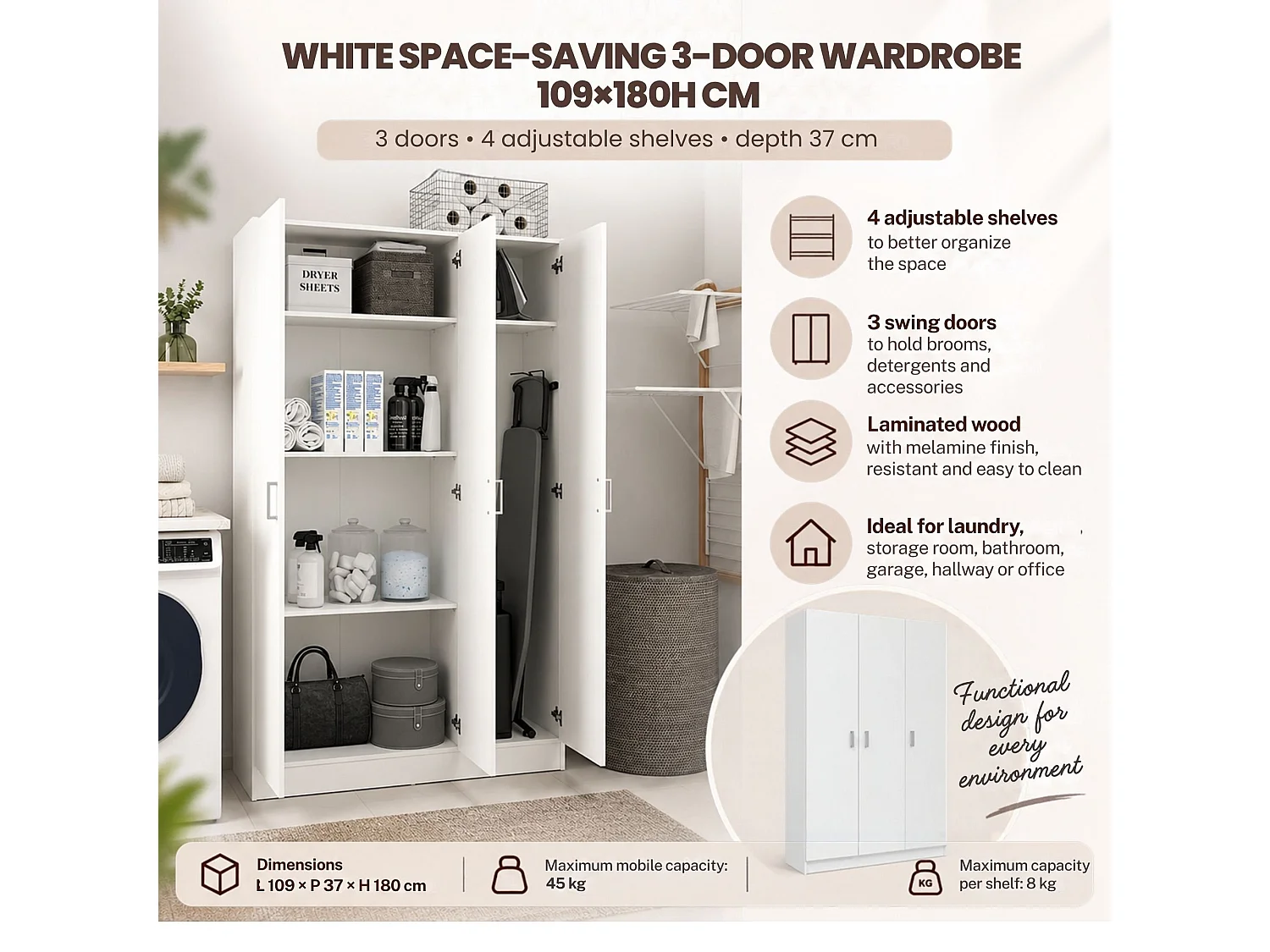 Armadio Multiuso Grande Vado, 4 Ripiani, 34.6x180h cm Bianco