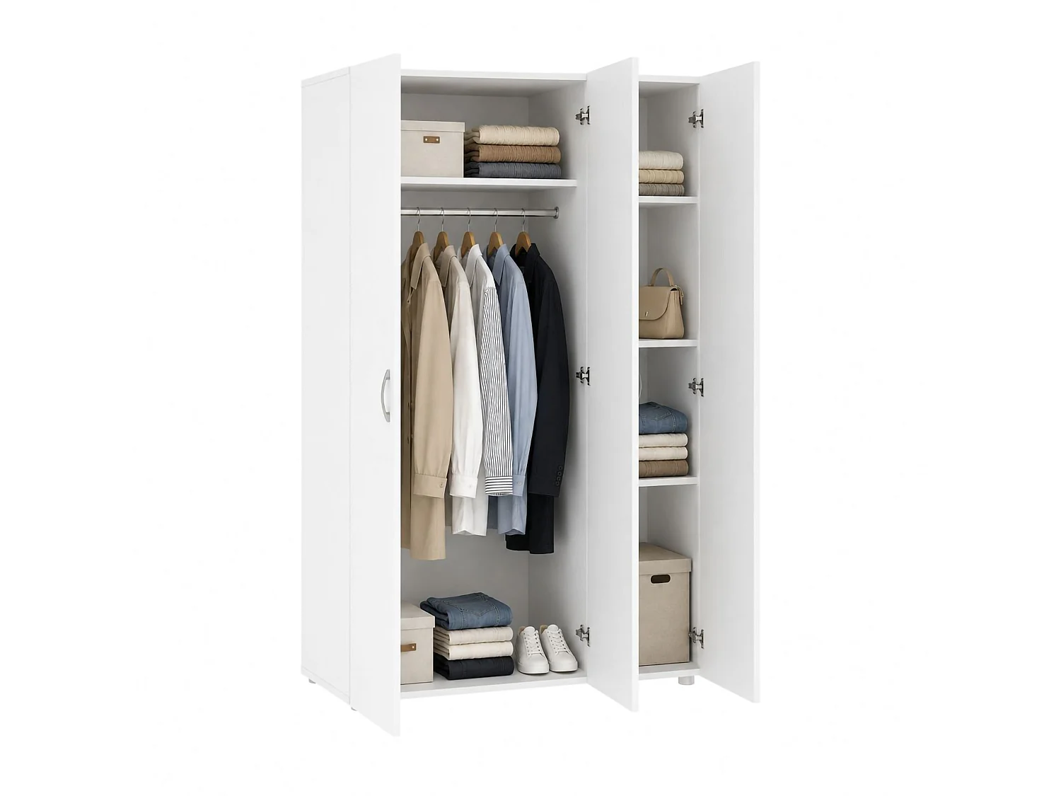 Pettineo 3-deurs kledingkast, kapstok, 111x52 cm wit, slaapkamerkast, 4 planken, draaideuren