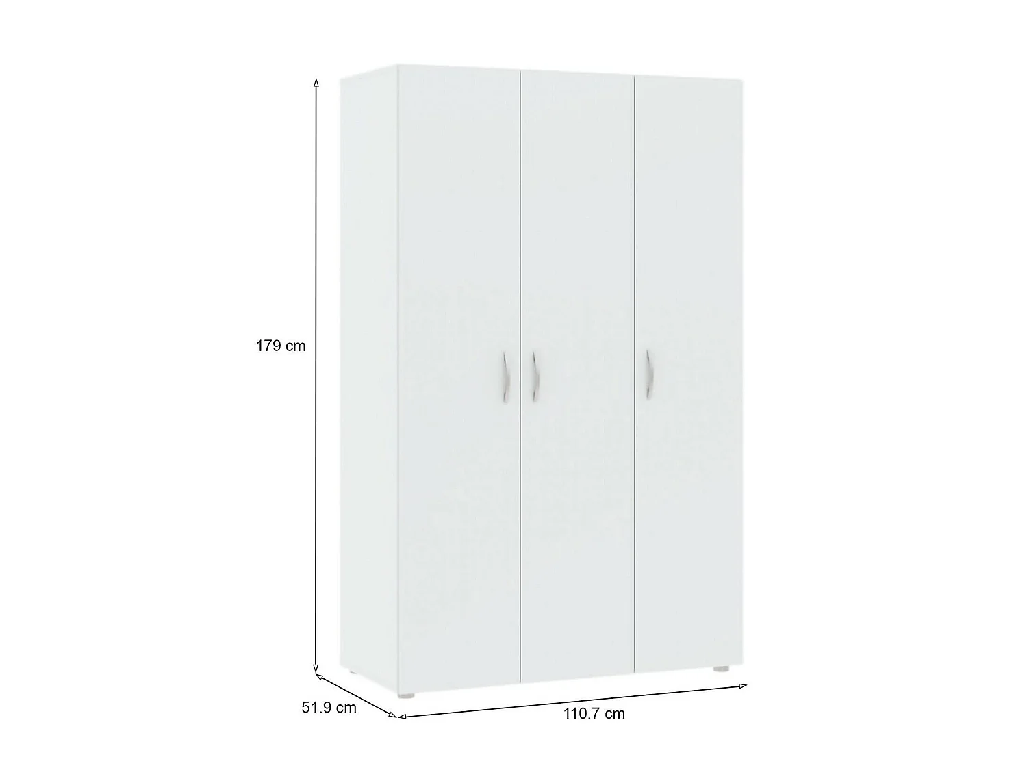 Pettineo 3-deurs kledingkast, kapstok, 111x52 cm wit, slaapkamerkast, 4 planken, draaideuren