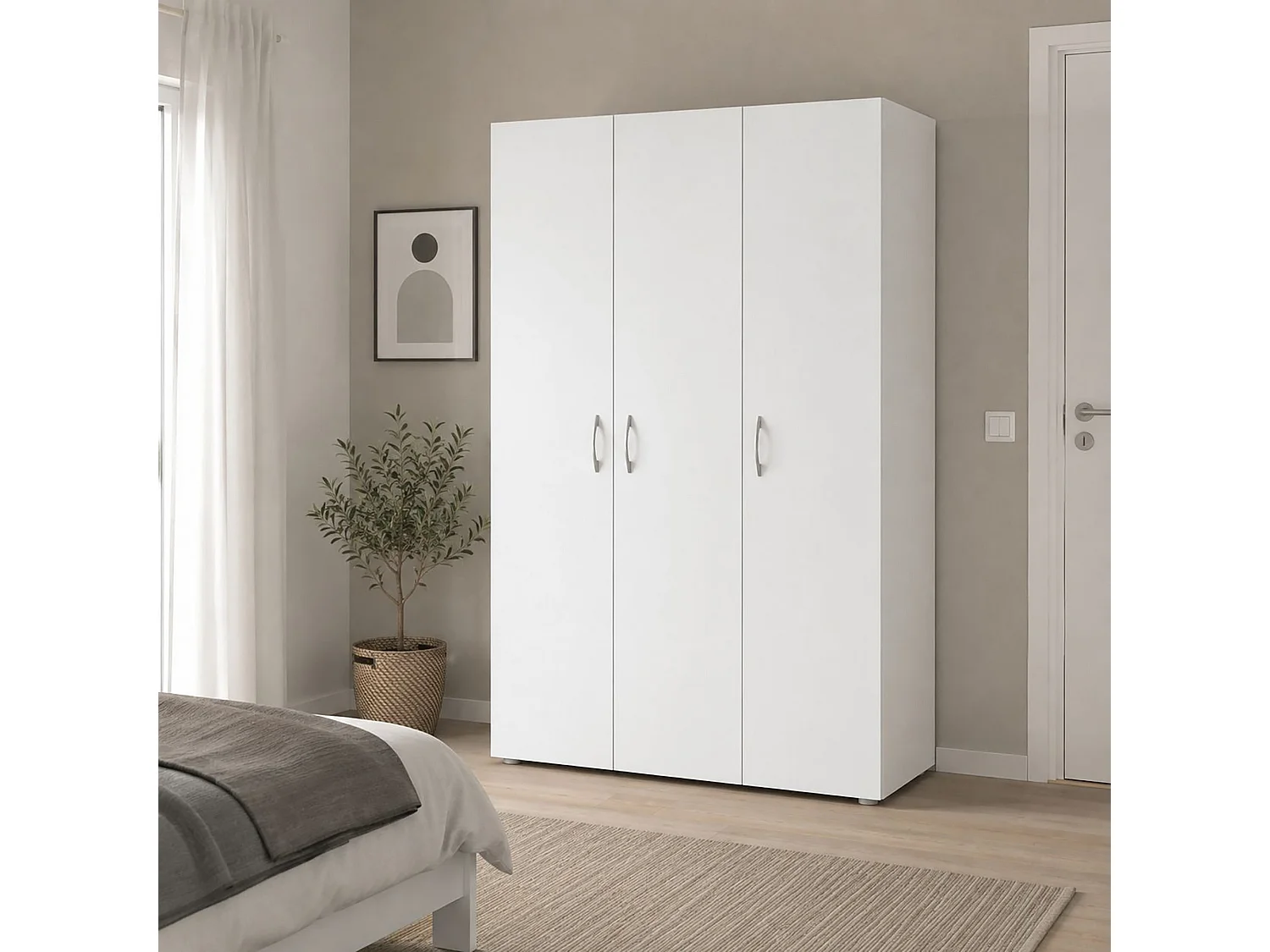 Pettineo 3-deurs kledingkast, kapstok, 111x52 cm wit, slaapkamerkast, 4 planken, draaideuren