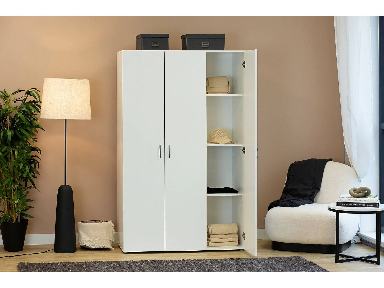 Pettineo 3-deurs kledingkast, kapstok, 111x52 cm wit, slaapkamerkast, 4 planken, draaideuren