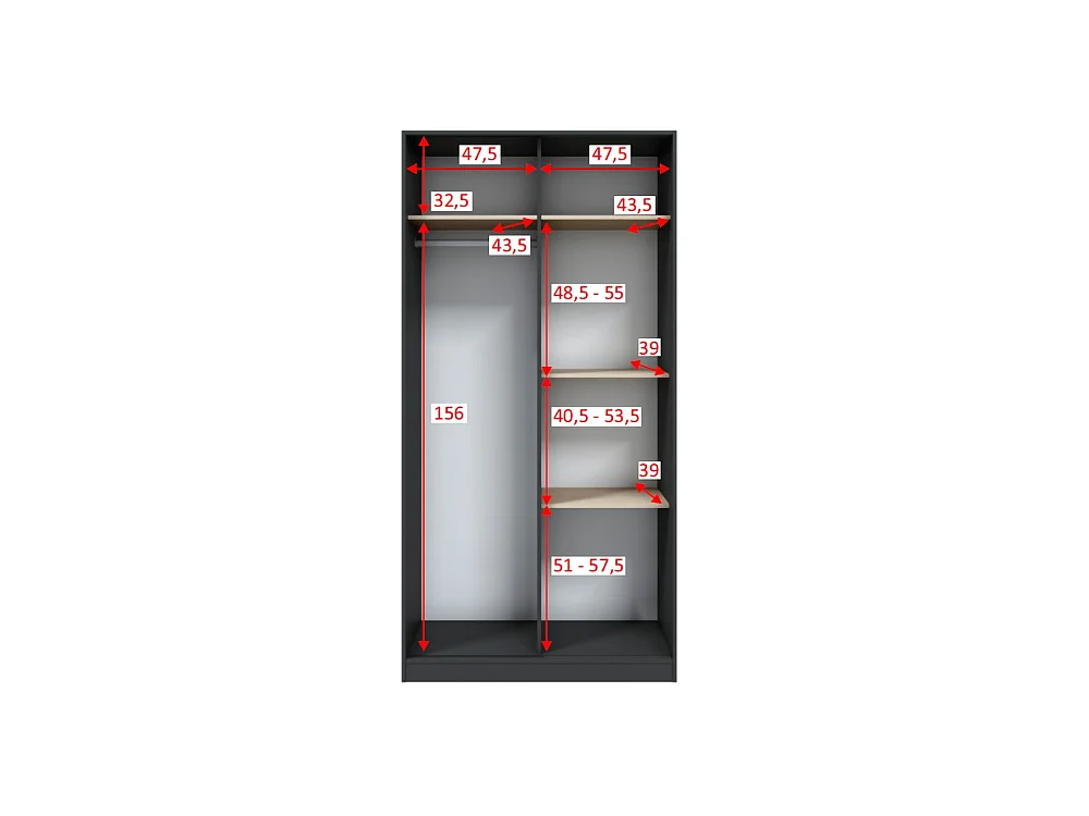 Kledingkast Orgosolo met 2 deuren, kledingroede, 100x200h cm zwart antraciet, slaapkamerkast, 4 legplanken, 2 deuren
