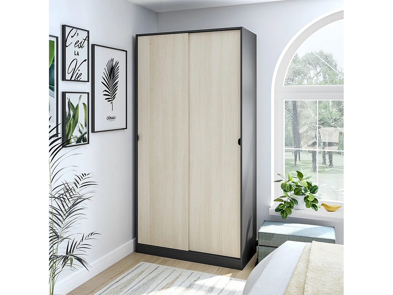 Kledingkast Orgosolo met 2 deuren, kledingroede, 100x200h cm zwart antraciet, slaapkamerkast, 4 legplanken, 2 deuren