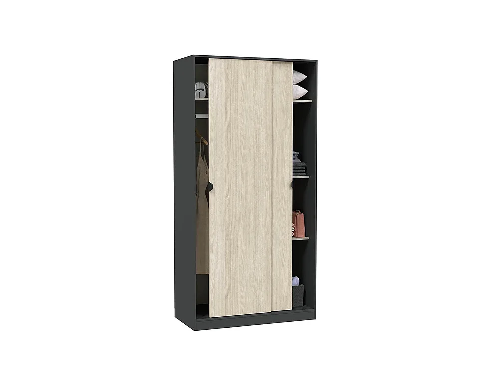 Kledingkast Orgosolo met 2 deuren, kledingroede, 100x200h cm zwart antraciet, slaapkamerkast, 4 legplanken, 2 deuren