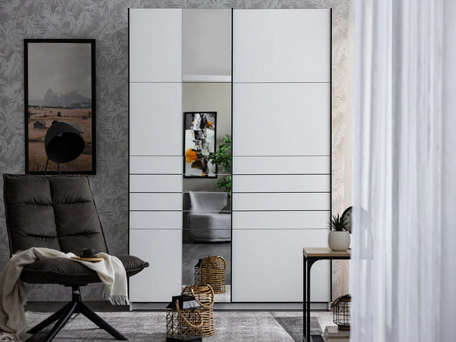 Großer Kleiderschrank Vialone, Kleiderstange, 146x218h cm Mattweiß, Schlafzimmerschrank, 2 Böden, Schiebetüren