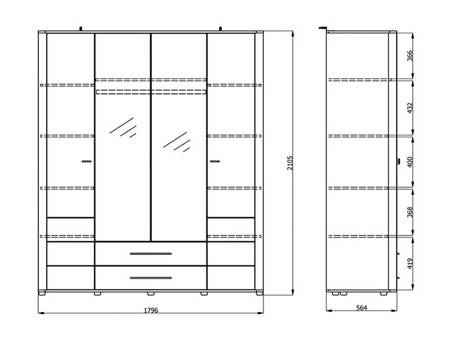 Großer Schrank Taburno, 9 Regale, 180x211h cm Cremeweiß, Schlafzimmer-Schrank, 2 Schubladen, Kleiderstange