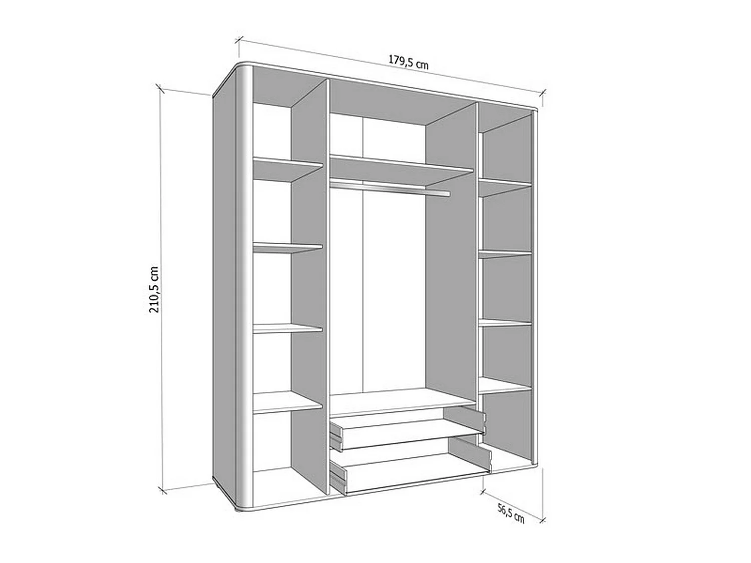 Großer Schrank Taburno, 9 Regale, 180x211h cm Cremeweiß, Schlafzimmer-Schrank, 2 Schubladen, Kleiderstange