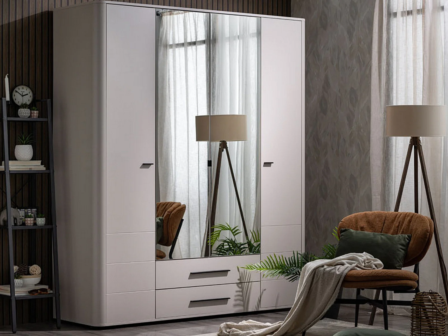 Großer Schrank Taburno, 9 Regale, 180x211h cm Cremeweiß, Schlafzimmer-Schrank, 2 Schubladen, Kleiderstange