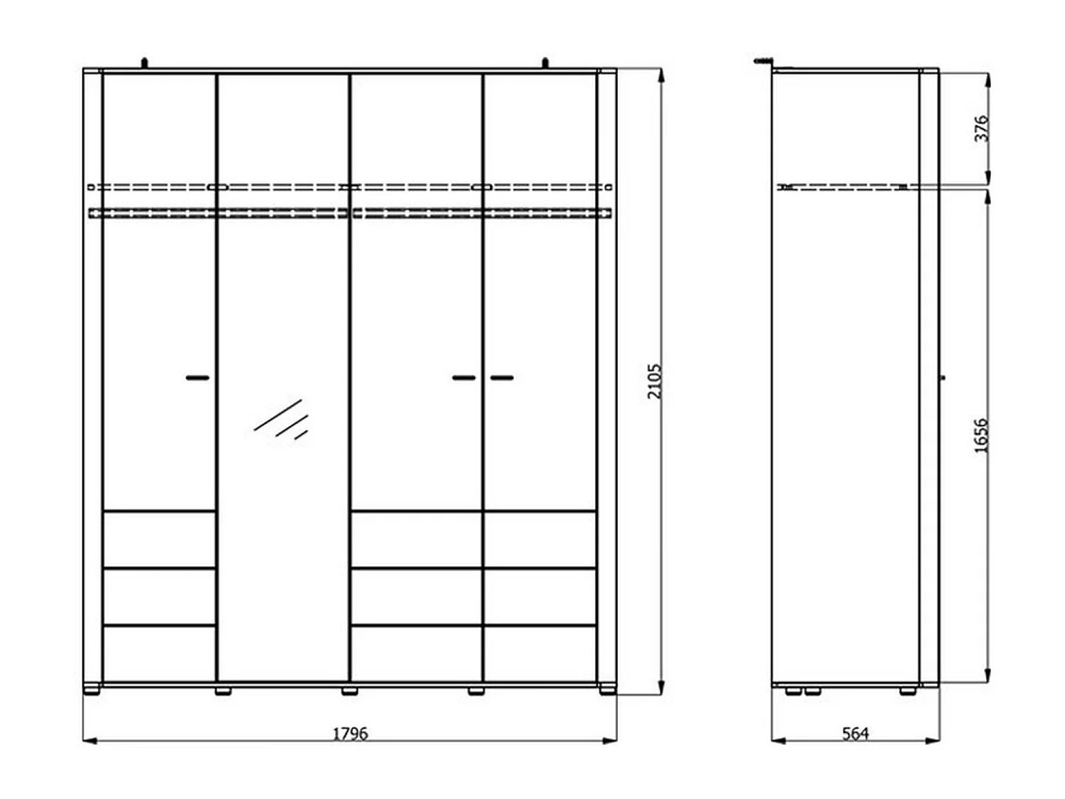 Großer Kleiderschrank, 2 Böden, 180x211h cm Cremeweiß, Schlafzimmer, Kleiderständer, 4 Fächer