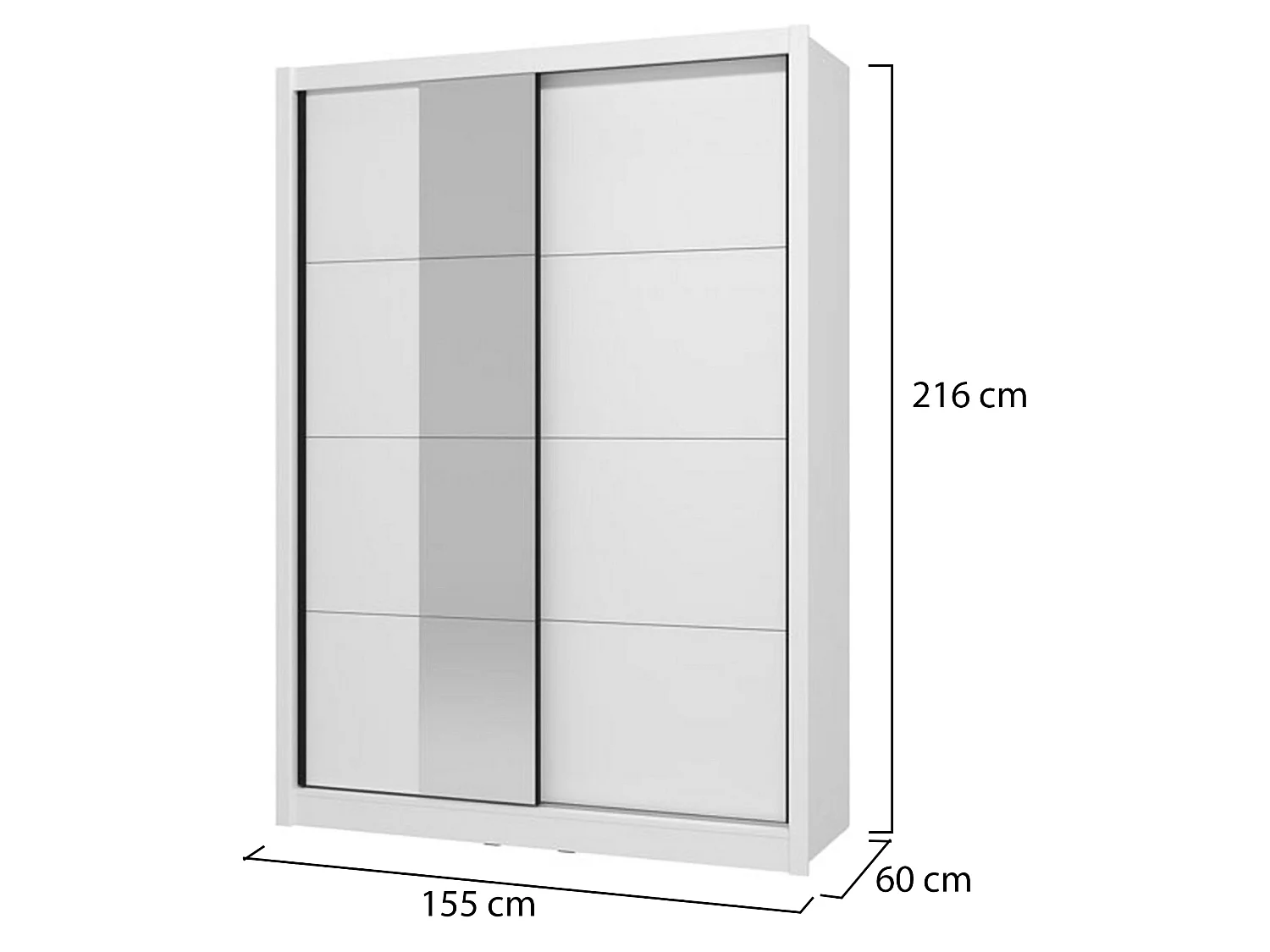 Großer Kleiderschrank Carisolo, mit Kleiderstange, 155x216h cm Mattweiß, Schlafzimmer-Schrank, 5 Böden, 7 Fächer