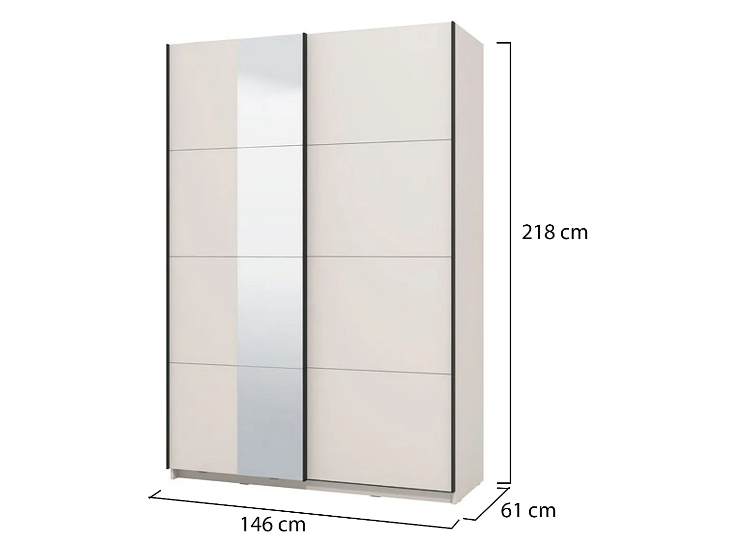 Großer Pasturo Kleiderschrank, Garderobe, 146x218h cm Cremeweiß, Schlafzimmer Schrank, 2 Regale, Schiebetür