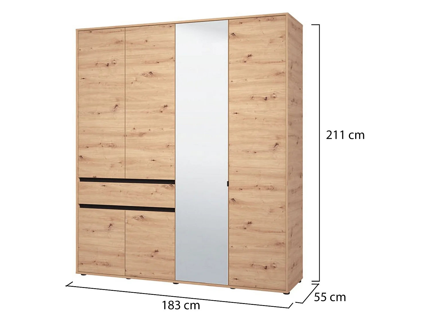 Großer Kleiderschrank Rifreddo, 4 Regalböden, 183x211h cm Braun Eiche Astknoten, Schlafzimmerschrank, 1 Schublade, Kleiderstange