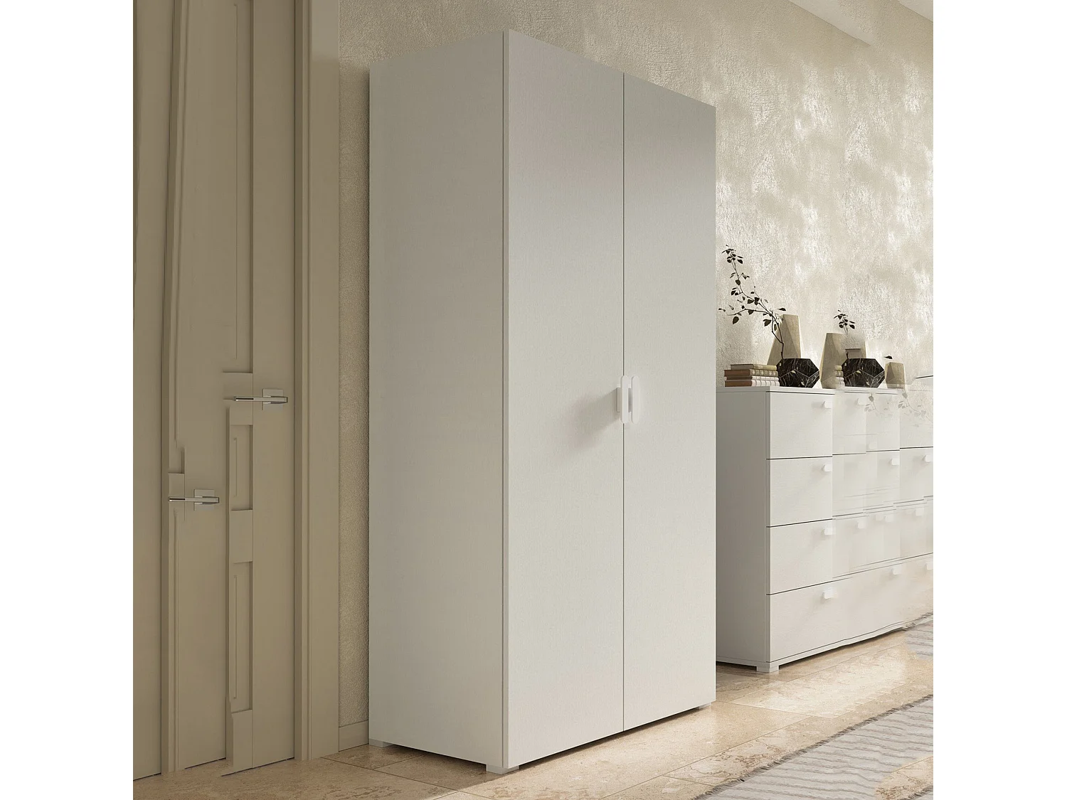 Armoire 2 Portes Nigella, Porte-manteau Fabriqué en Italie, 52,00x180,00h cm Blanc, Armoire Chambre