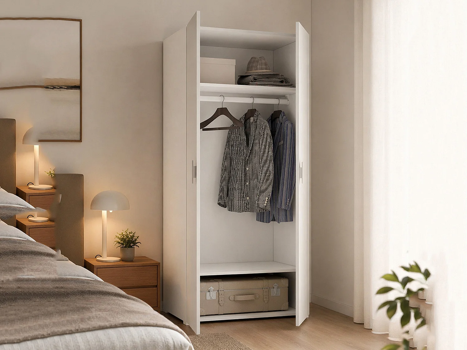 Armoire 2 Portes Nigella, Porte-manteau Fabriqué en Italie, 52,00x180,00h cm Blanc, Armoire Chambre
