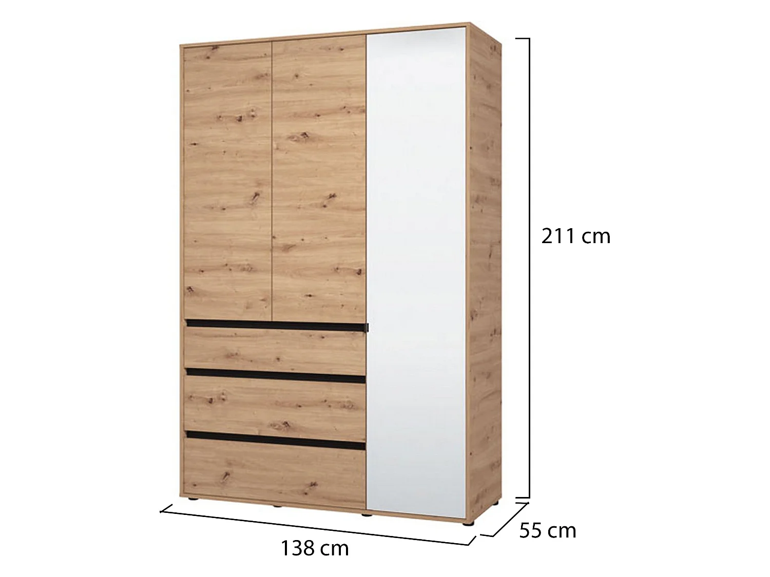 Kleiderschrank Ilbonoo mit 3 Türen, Kleiderstange, 138x55 cm, braun Eiche Astknoten, Schlafzimmer-Schrank, 3 Schubladen, 4 Böden