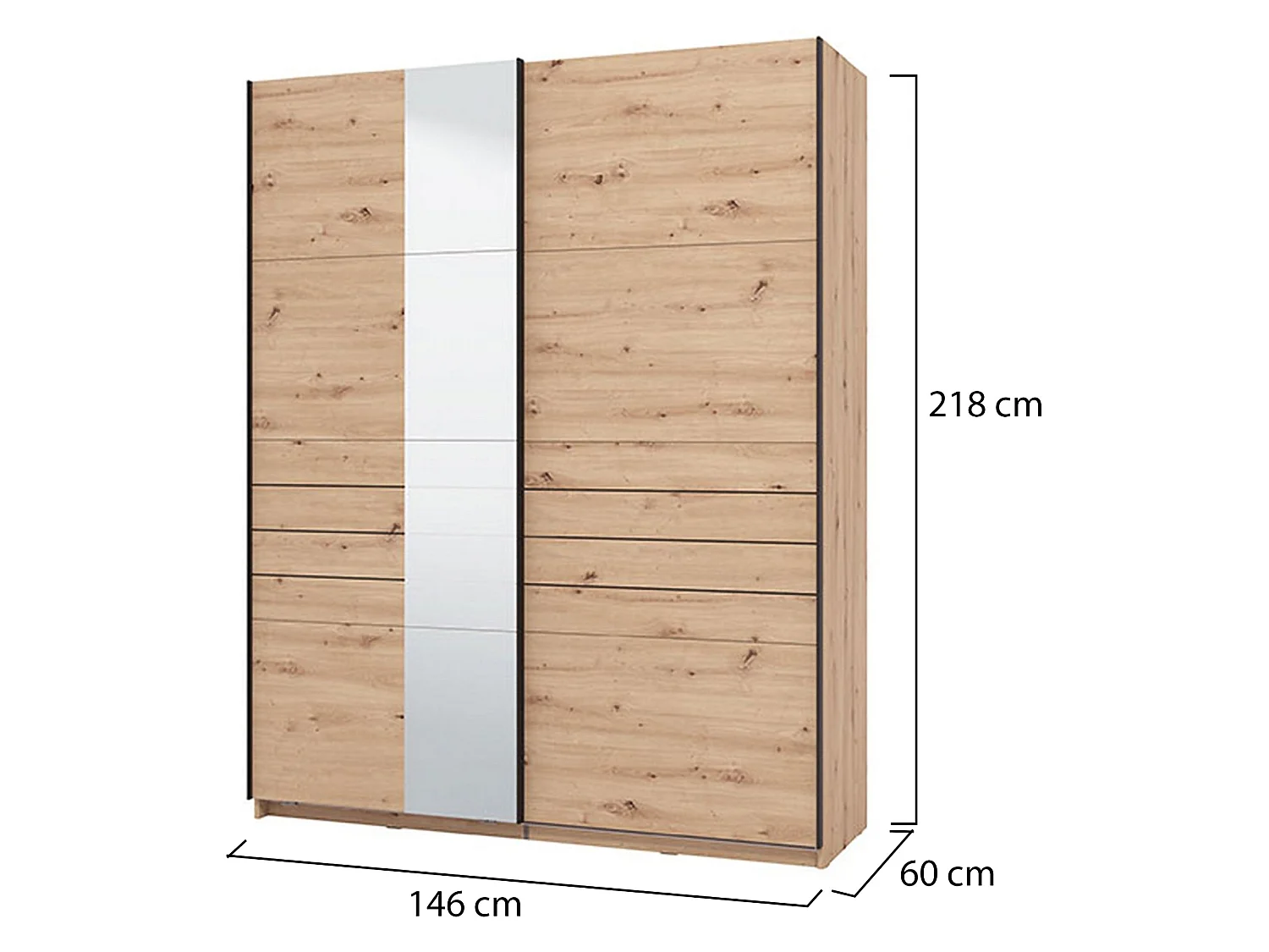 Großer Kleiderschrank Vialone, Garderobe, 146x218h cm Braun Eiche mit Astknoten, Schlafzimmer, 2 Böden, Schiebetüren