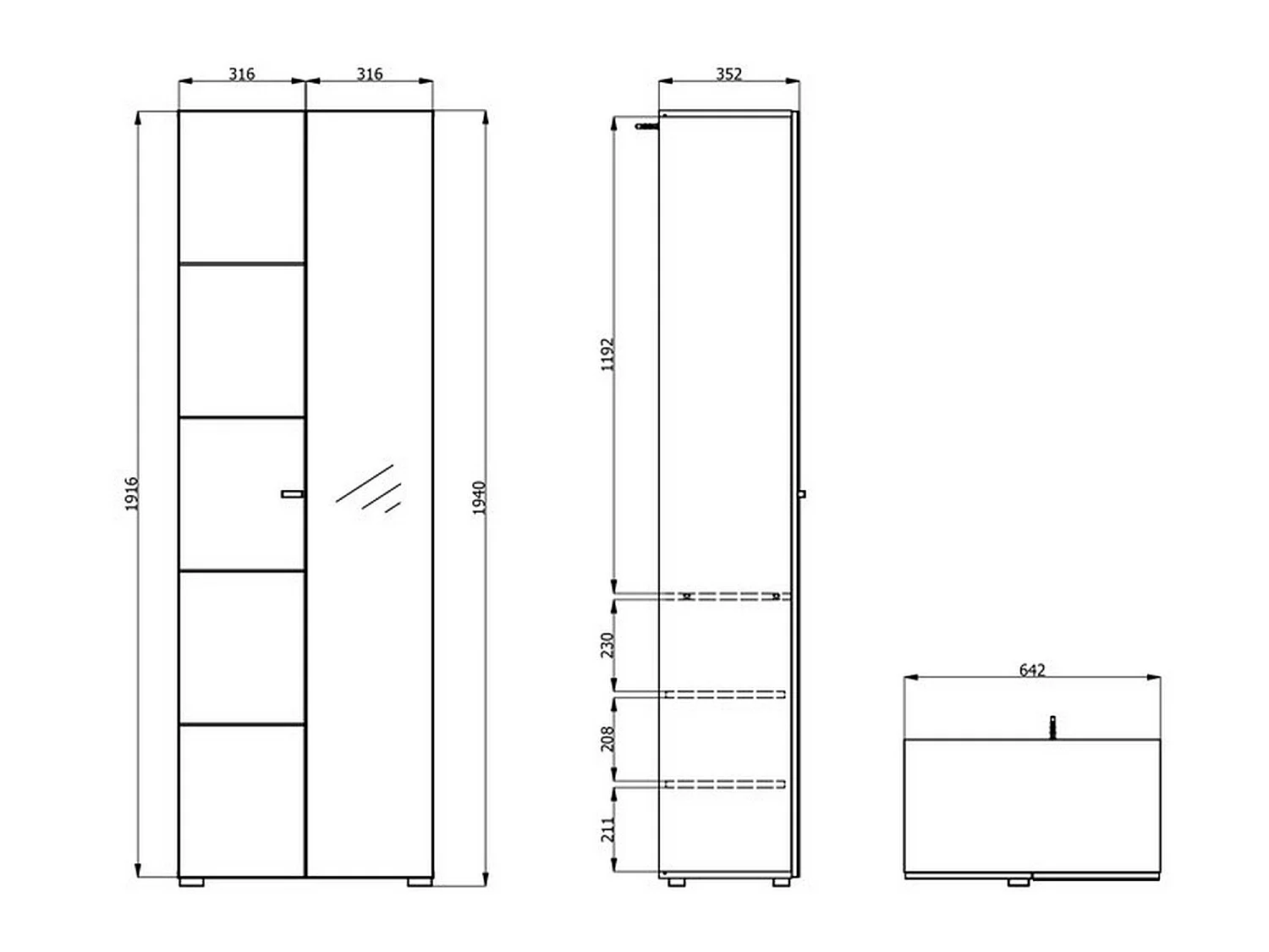 Garderobe 2 Türen Azzano, Kleiderständer, 64x194h cm Eiche Braun, Schlafzimmer Schrank, 3 Regale, 2 Türen