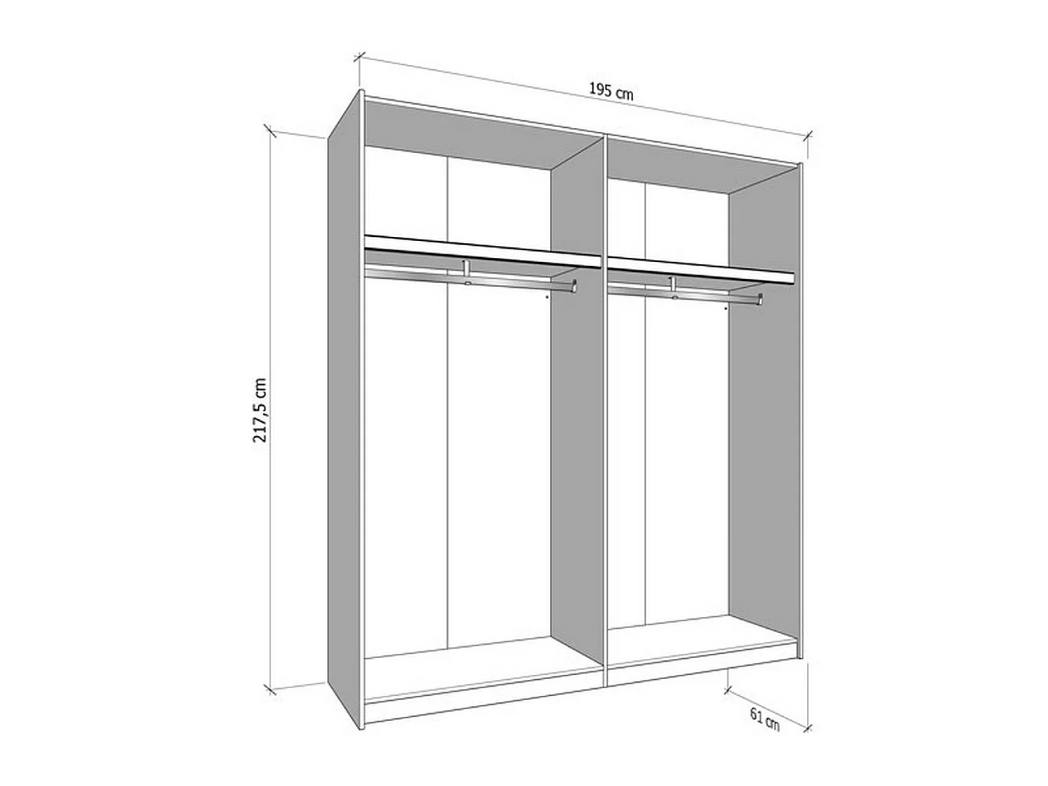 Großer Kleiderschrank Porlezza, Garderobe, 195x218h cm Cremeweiß, Schlafzimmer Schrank, 2 Regalböden, Schiebetür