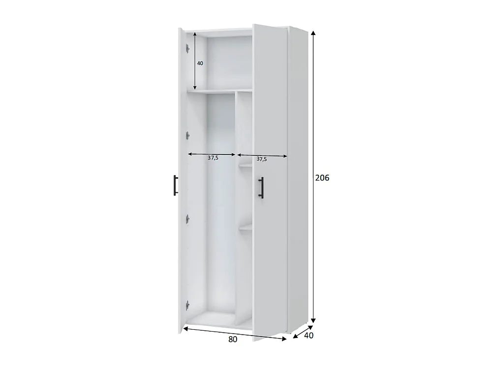 Armoire polyvalente 2 portes Mileto, 3 étagères, 40x206h cm Blanc