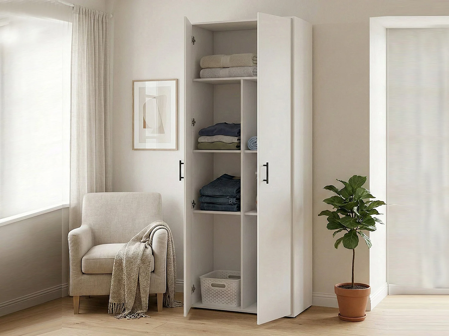Armoire polyvalente 2 portes Mileto, 3 étagères, 40x206h cm Blanc