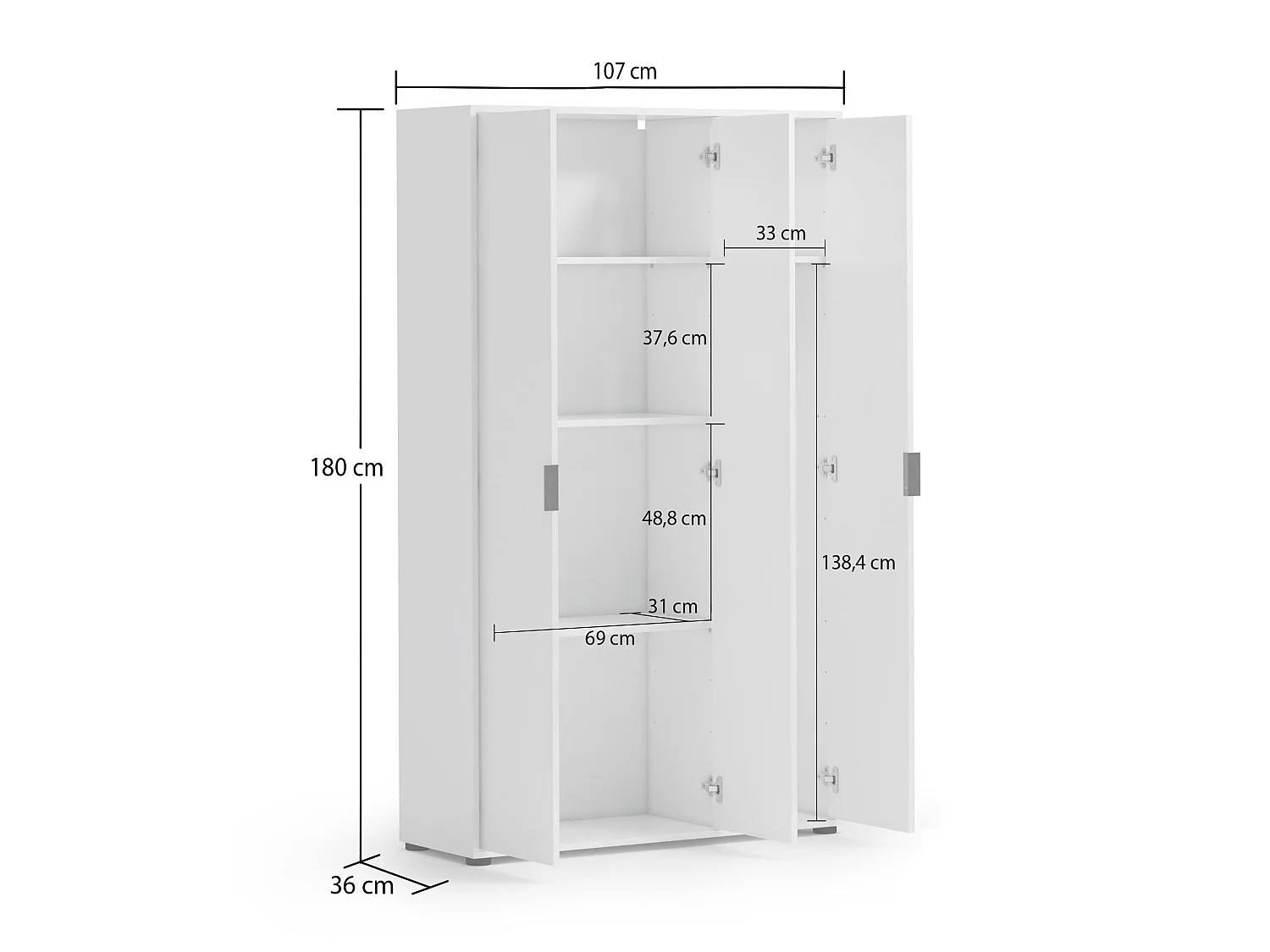 Armoire multifonction grande Teolo, 4 étagères Made in Italy, 107x180h cm Blanc Brillant, 3 portes, 6 compartiments