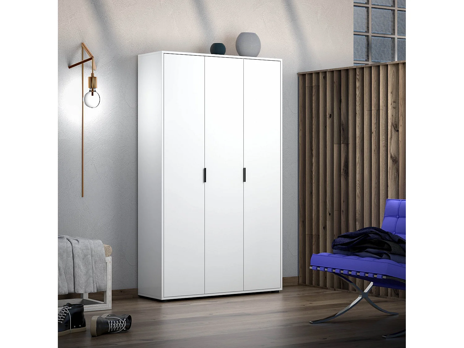 Armoire multifonction grande Teolo, 4 étagères Made in Italy, 107x180h cm Blanc Brillant, 3 portes, 6 compartiments