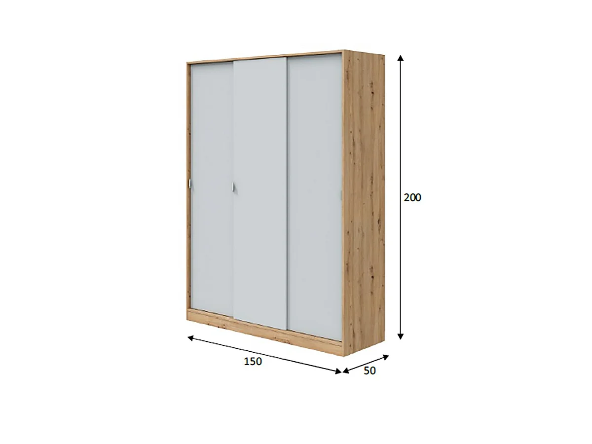 Kledingkast Senales, 3 schuifdeuren, 4 legplanken, 150x50 cm, bruin knoest-eik, slaapkamerkast, kledingroede