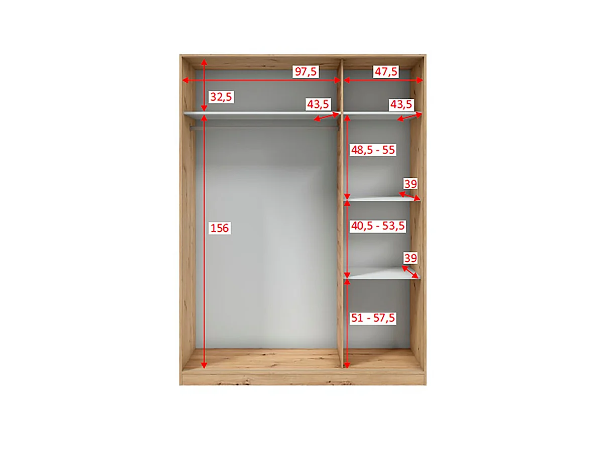 Kledingkast Senales, 3 schuifdeuren, 4 legplanken, 150x50 cm, bruin knoest-eik, slaapkamerkast, kledingroede
