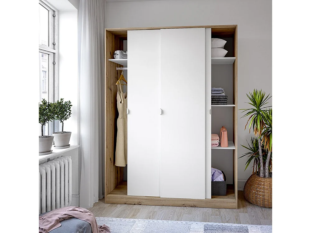 Kledingkast Senales, 3 schuifdeuren, 4 legplanken, 150x50 cm, bruin knoest-eik, slaapkamerkast, kledingroede