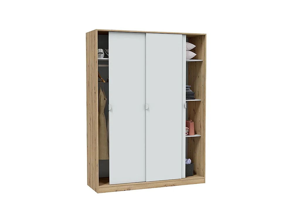 Kledingkast Senales, 3 schuifdeuren, 4 legplanken, 150x50 cm, bruin knoest-eik, slaapkamerkast, kledingroede
