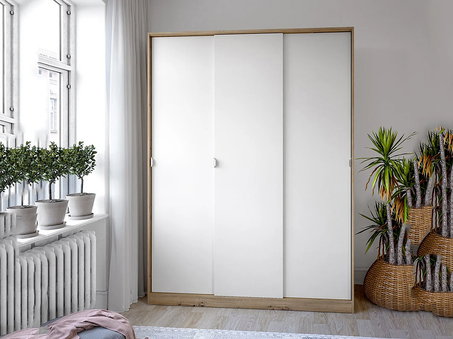 Kledingkast Senales, 3 schuifdeuren, 4 legplanken, 150x50 cm, bruin knoest-eik, slaapkamerkast, kledingroede
