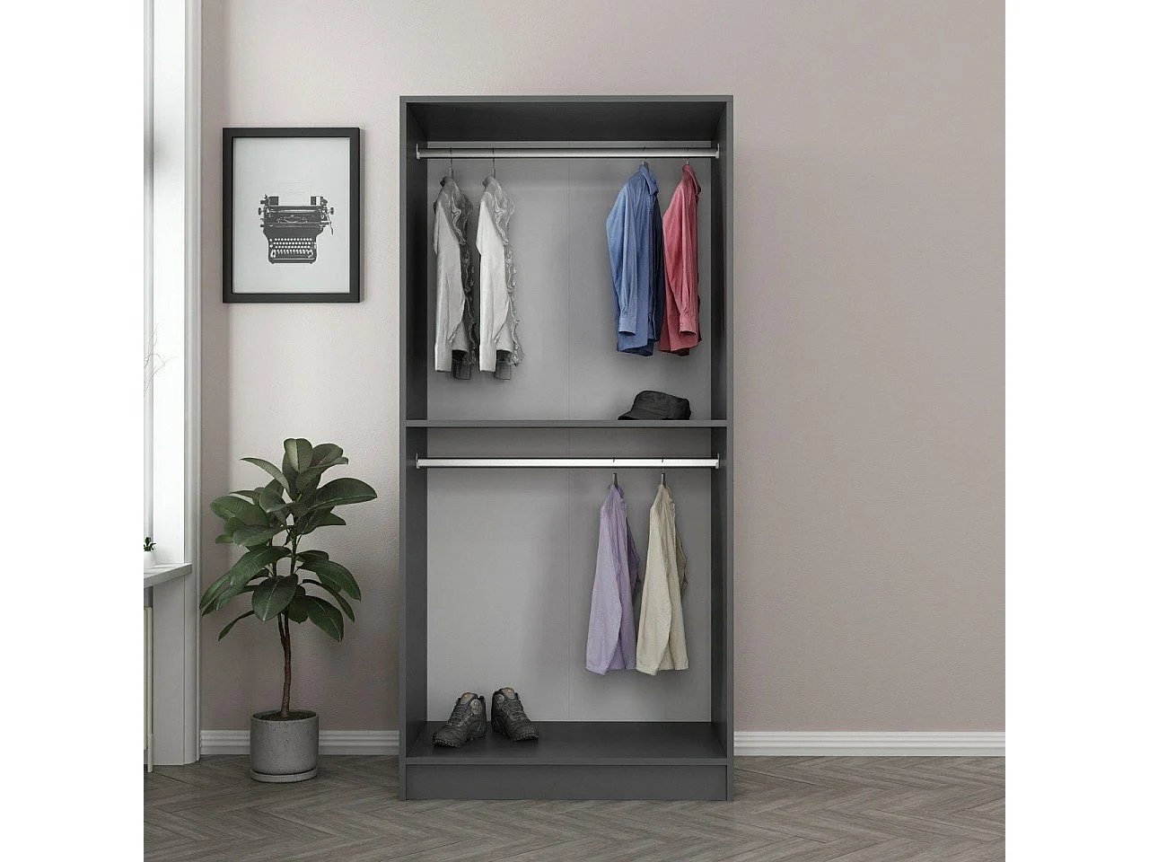 Guardaroba 2 Ante Moconesi, Appendiabiti, 90x210h cm Nero Antracite, Armadio Camera da Letto, un Ripiano, 2 Ante