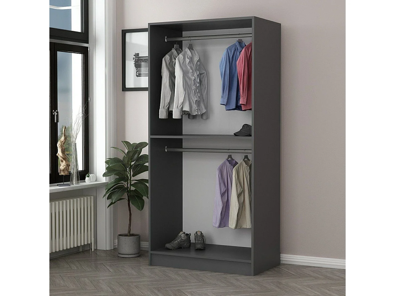 Guardaroba 2 Ante Moconesi, Appendiabiti, 90x210h cm Nero Antracite, Armadio Camera da Letto, un Ripiano, 2 Ante